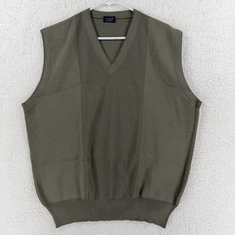 COMO‎ SPORT Sweater Vest Mens XL Green Merino Wool Silk V Neck Knit Made Italy